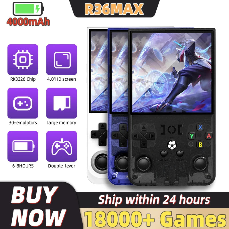 Open Source R36MAX Retro Handheld Game Console 64/128G 18000+Game RK3326 Chip Portable Pocket Game Player 4‘’Screen Game Console